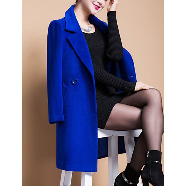 Women's Plus Size Coat,Solid Shirt Collar Long Sleeve Winter Blue / Black / Yellow Wool / Others Thick