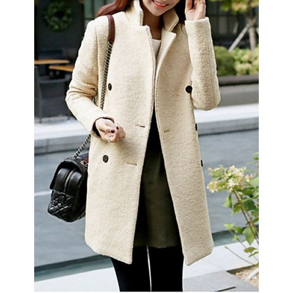 Women's Casual/Daily Simple Coat,Solid Notch Lapel Long Sleeve Fall Beige Wool Medium