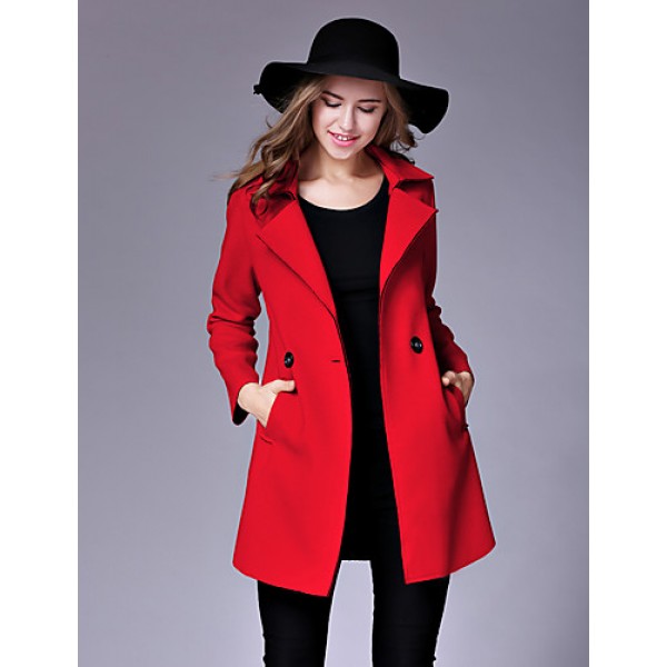 Women's Casual/Daily Street chic Pea CoatsSolid Notch Lapel Long Sleeve Winter Pink / Red / Yellow Wool / Cotton Medium