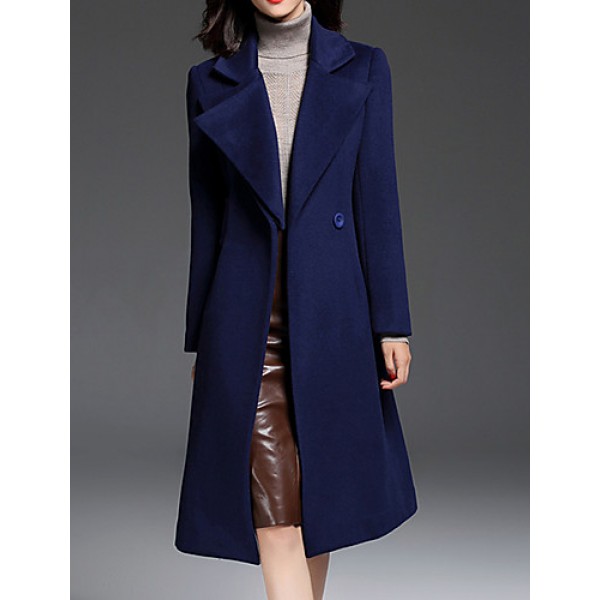 Women's Going out CoatSolid Notch Lapel Long Sleeve Fall / Winter Blue Wool / Polyester Thick