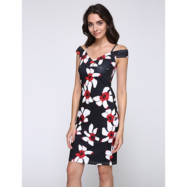 Women's Sexy Floral Bodycon Dress , V Neck Knee-length Cotton / Polyester