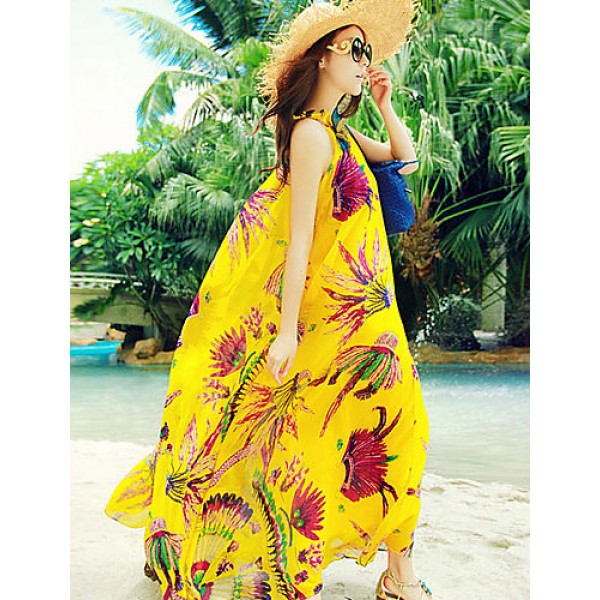 Beach Swing Dress,Print Maxi Sleeveless Yellow Summer Inelastic Thin