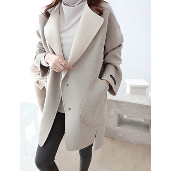 Women's Casual/Daily Simple CoatSolid Round Neck Long Sleeve Winter Gray Wool Thick