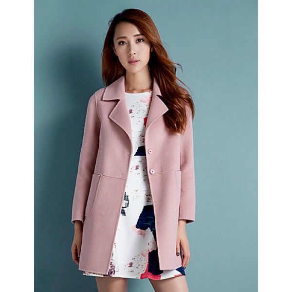 Women's Casual/Daily Simple Coat,Solid Notch Lapel Long Sleeve Winter Blue / Pink / Red Polyester Medium