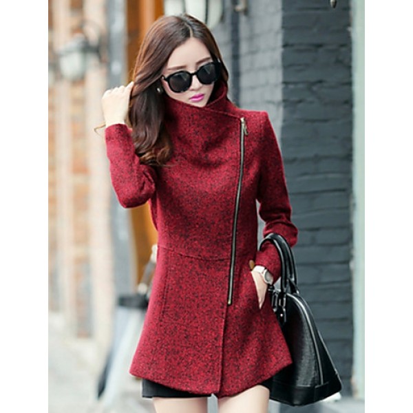 Women's Casual/Daily Simple Coat,Print Shirt Collar Long Sleeve Winter Red / Gray Wool Thick