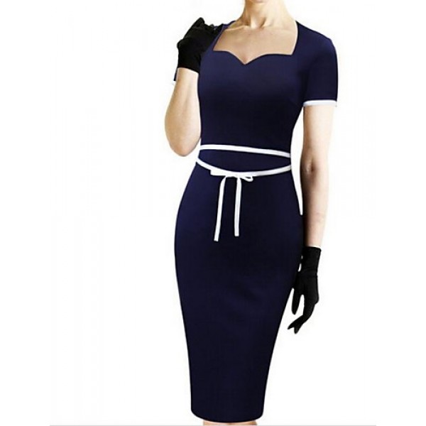 Women's Simple Solid Bodycon Dress,Boat Neck Above Knee Cotton