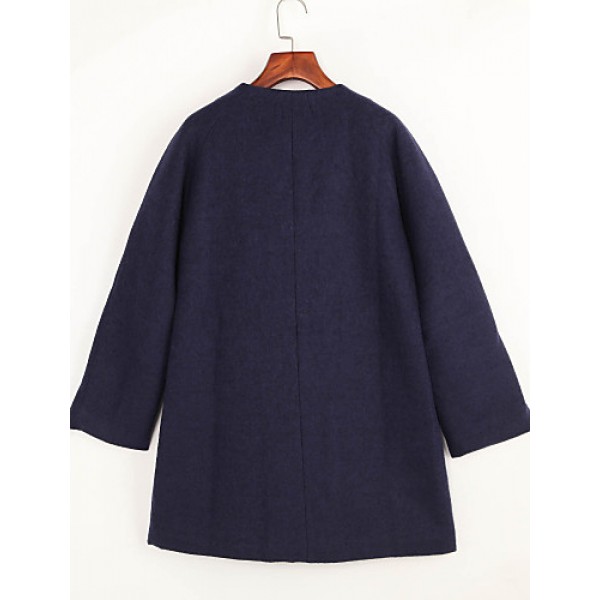 Women's Casual/Daily Simple Coat,Solid Round Neck Long Sleeve Fall / Winter Blue / White Wool Thick