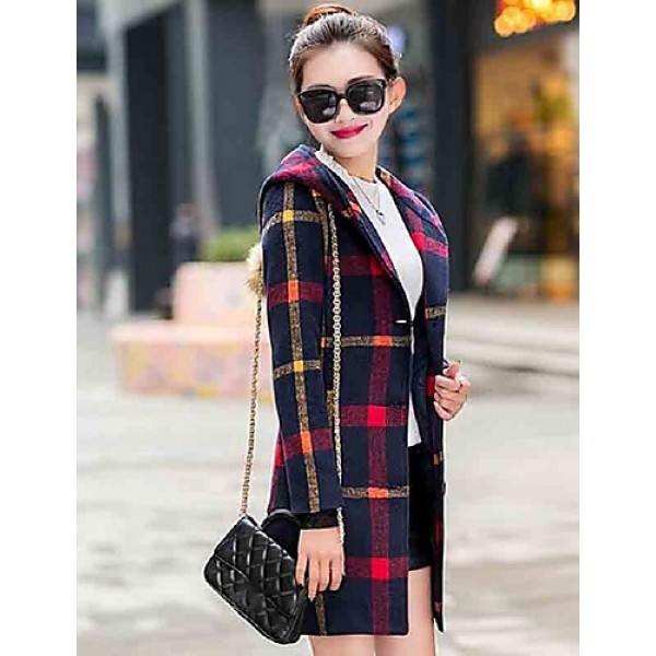 Women's Going out Cute Preppy Style Coat,Plaid Hooded Long Sleeve Winter Blue