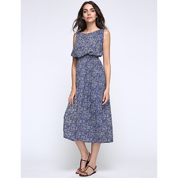 Women's Casual/Daily / Holiday / Plus Size Boho Chiffon / Swing Dress,Print Round Neck Midi Sleeveless Blue Polyester Summer High Rise