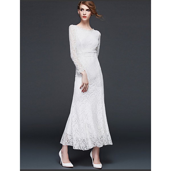 Women's Sexy Lace Halter Hollowing Round Neck Long Sleeve Party Cocktail Long Dress