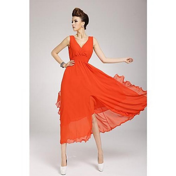 Women's Formal Sexy Swing Dress,Solid Deep V / Surplice Neck Maxi Sleeveless Blue / Pink / White / Black / Green / Orange / YellowAll