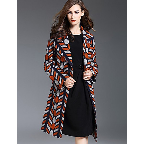 Women's Plus Size / Casual/Daily Simple Trench Coat,Color Block Notch Lapel Long Sleeve Fall / Winter Orange Wool / Acrylic / Polyester