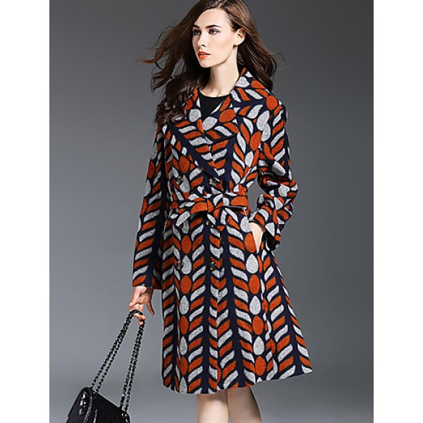 Women's Plus Size / Casual/Daily Simple Trench Coat,Color Block Notch Lapel Long Sleeve Fall / Winter Orange Wool / Acrylic / Polyester