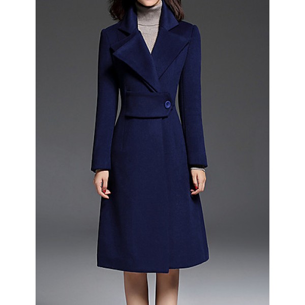 Women's Going out CoatSolid Notch Lapel Long Sleeve Fall / Winter Blue Wool / Polyester Thick