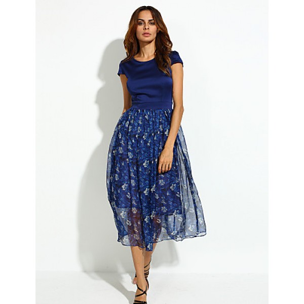 Women's Casual/Daily / Plus Size Vintage Swing Dress,Floral Boat Neck Maxi Short Sleeve Blue Silk Summer High Rise Micro-elastic Thin