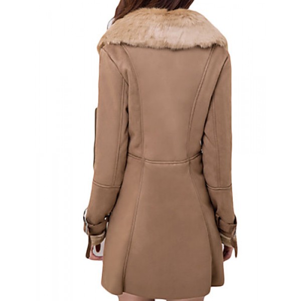 Women's Plus Size Simple Fur Coat,Solid Shirt Collar Long Sleeve Winter Brown Wool Thick