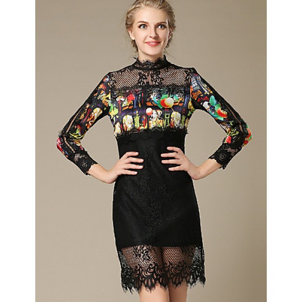 Women's Print Black DressVintageSexy Stand Long Sleeve