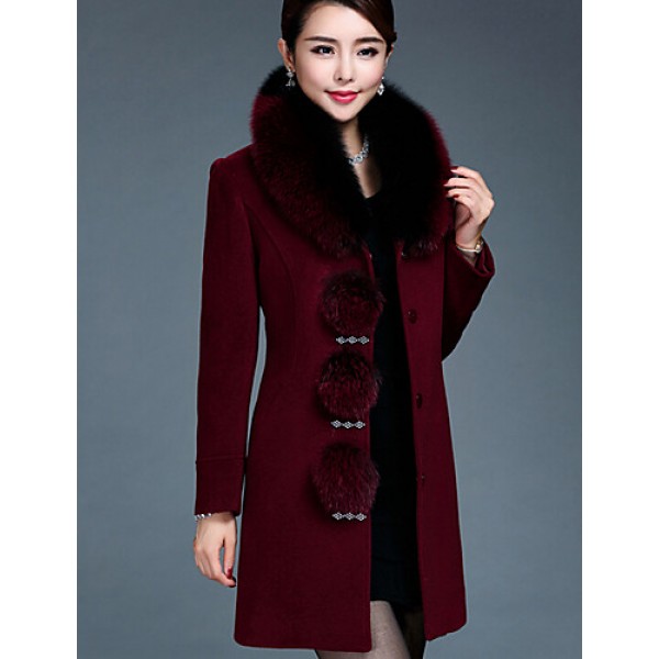 Women's Plus Size / Casual/Daily Simple Coat,Solid Round Neck Long Sleeve Winter Red / Black Wool / Faux Fur Thick