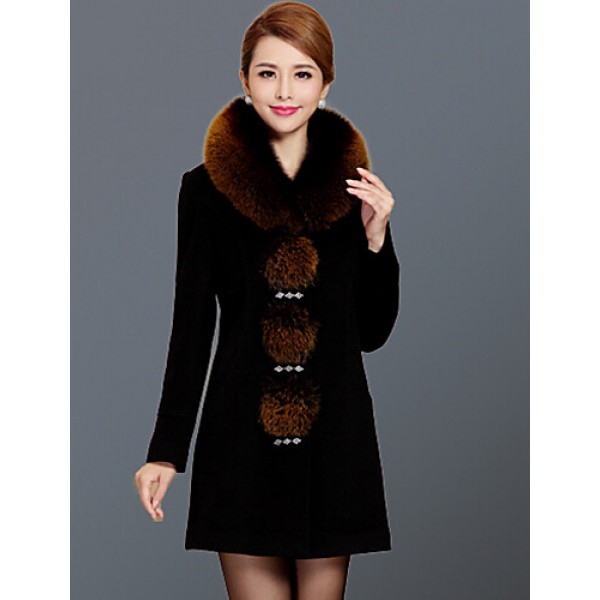 Women's Plus Size / Casual/Daily Simple Coat,Solid Round Neck Long Sleeve Winter Red / Black Wool / Faux Fur Thick