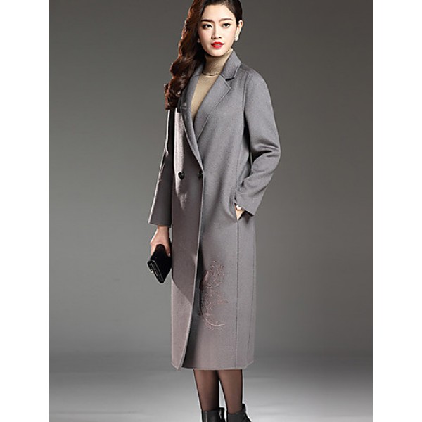 Women's Plus Size Street chic CoatPrint Notch Lapel Long Sleeve Fall / Winter Red / Black / Gray Wool / Polyester Thick