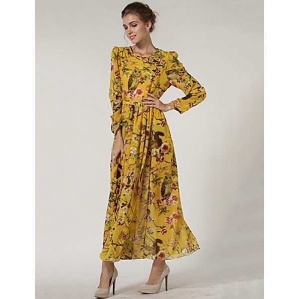 Women's Casual/Daily Swing Dress,Floral Crew Neck Maxi Long Sleeve Red / Yellow Polyester Spring