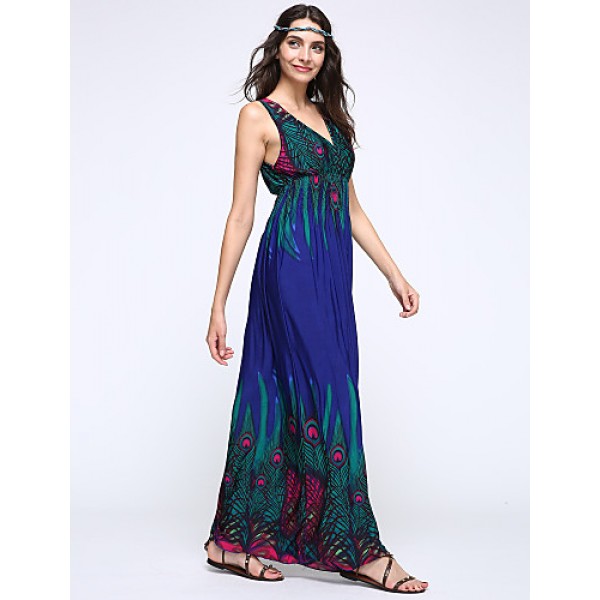 Women's Print Blue/Orange/Purple Dress,Maxi Deep V Sleeveless 