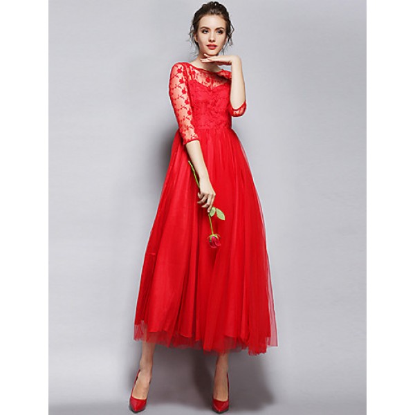 Women's Party/Cocktail Vintage A Line Dress Round Neck Maxi Long Sleeve Red / White Polyester All Seasons