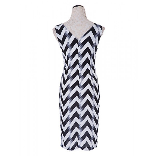 Women's Club Bodycon Dress,Striped Deep V Knee-length Sleeveless Others Summer