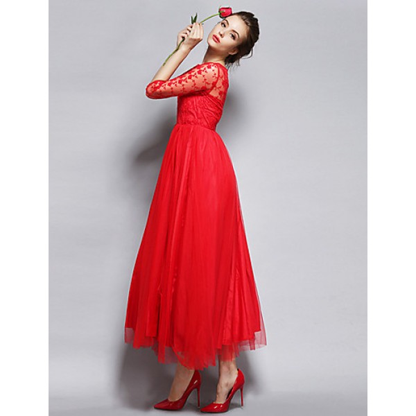 Women's Party/Cocktail Vintage A Line Dress Round Neck Maxi Long Sleeve Red / White Polyester All Seasons