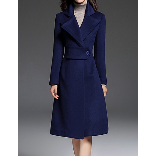 Women's Going out CoatSolid Notch Lapel Long Sleeve Fall / Winter Blue Wool / Polyester Thick