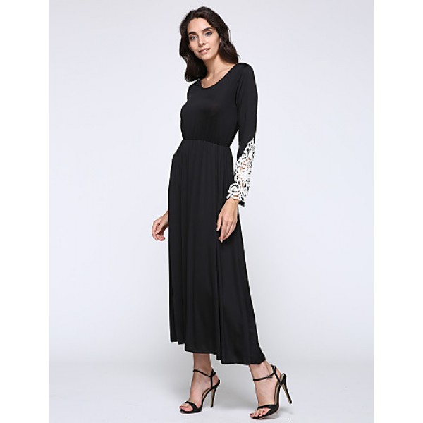 Women's Casual/Daily Simple Little Black / Swing Dress,Patchwork Round Neck Maxi Long Sleeve Black Polyester / Spandex Spring Mid Rise