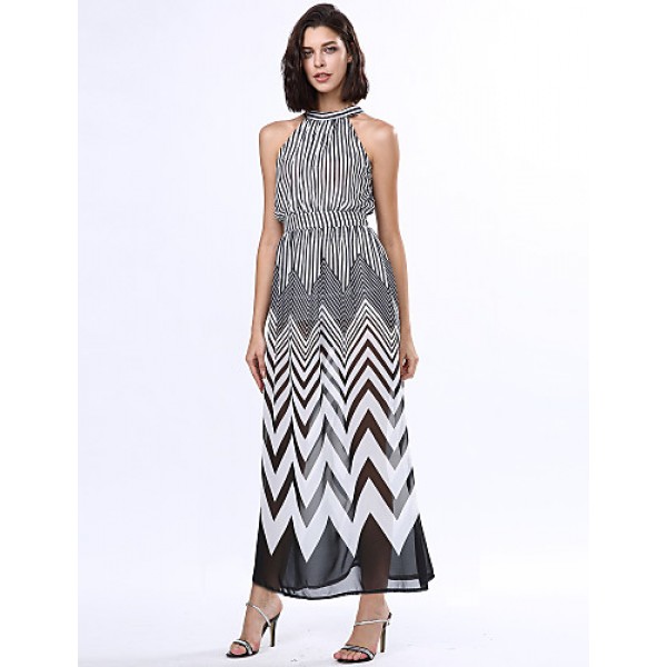 Women's Black & White Stripes Sexy Sleeveless Maxi Dress