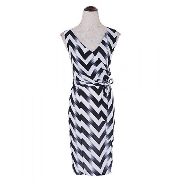 Women's Club Bodycon Dress,Striped Deep V Knee-length Sleeveless Others Summer