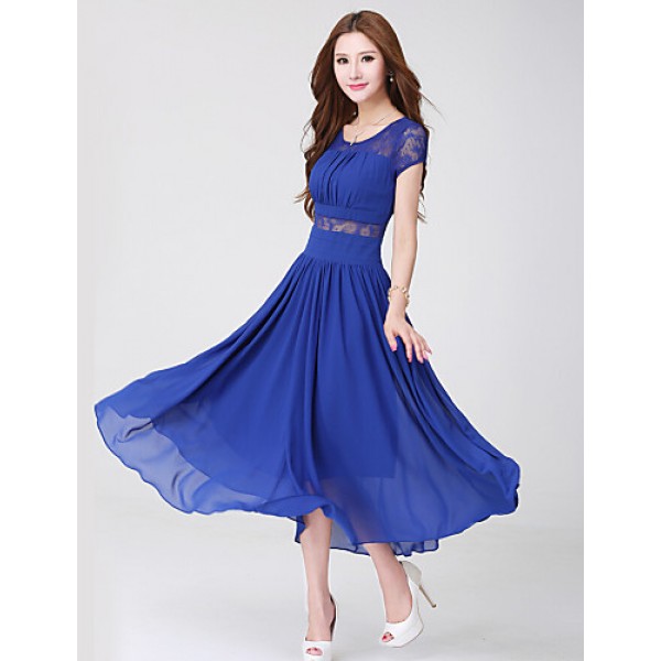 Women's Holiday / Plus Size Boho / Street chic Swing Dress,Solid Round Neck Maxi Short Sleeve Blue / White / Black Silk / Polyester Summer