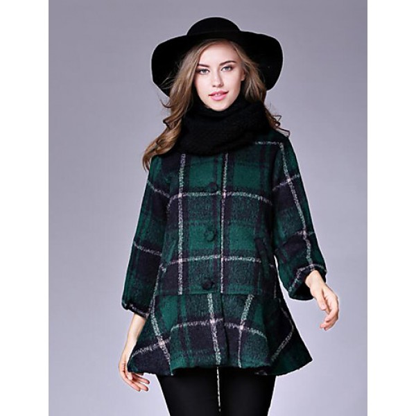 Women's Casual/Daily Street chic CoatPlaid Round Neck Long Sleeve Fall / Winter Red / Black / Green Wool Medium