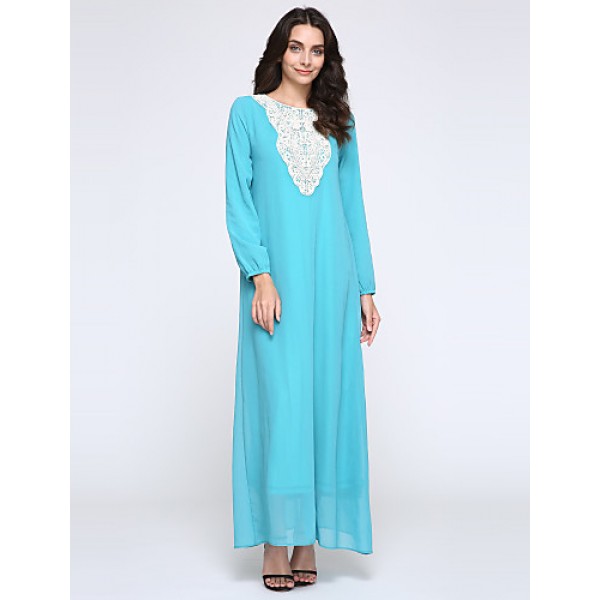 Women's Simple Loose / Chiffon Dress,Solid Round Neck Maxi Long Sleeve Blue / Red / Black / Green Polyester Fall