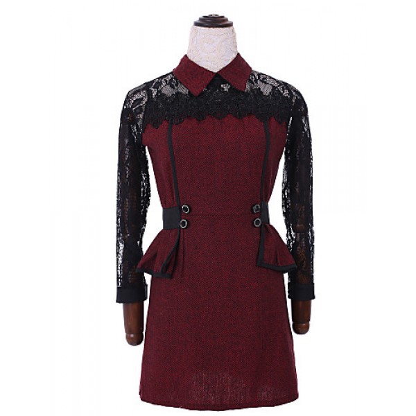 Women's Patchwork Red / Gray Lace Hin Thin Slim Temperament Dress , Work / Plus Sizes Shirt Collar Long Sleeve