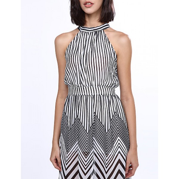 Women's Black & White Stripes Sexy Sleeveless Maxi Dress