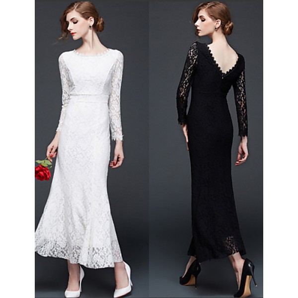 Women's Sexy Lace Halter Hollowing Round Neck Long Sleeve Party Cocktail Long Dress