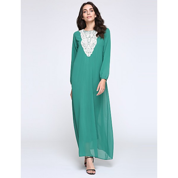 Women's Simple Loose / Chiffon Dress,Solid Round Neck Maxi Long Sleeve Blue / Red / Black / Green Polyester Fall