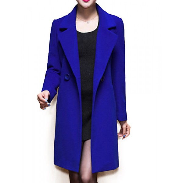 Women's Coat,Solid / Patchwork Peaked Lapel Long Sleeve Winter Blue / Black / Yellow Wool / Others Thick