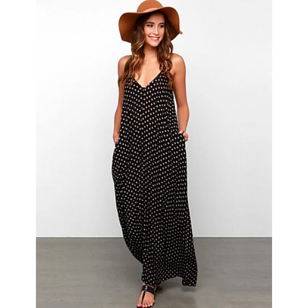 Women's Beach Boho Loose Dress,Polka Dot Strap Maxi Sleeveless Black Rayon Summer Low Rise Inelastic Opaque