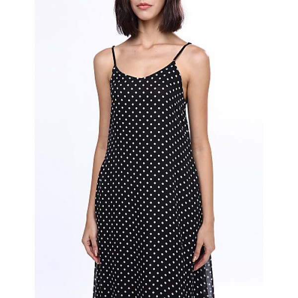 Women's Beach Boho Loose Dress,Polka Dot Strap Maxi Sleeveless Black Rayon Summer Low Rise Inelastic Opaque