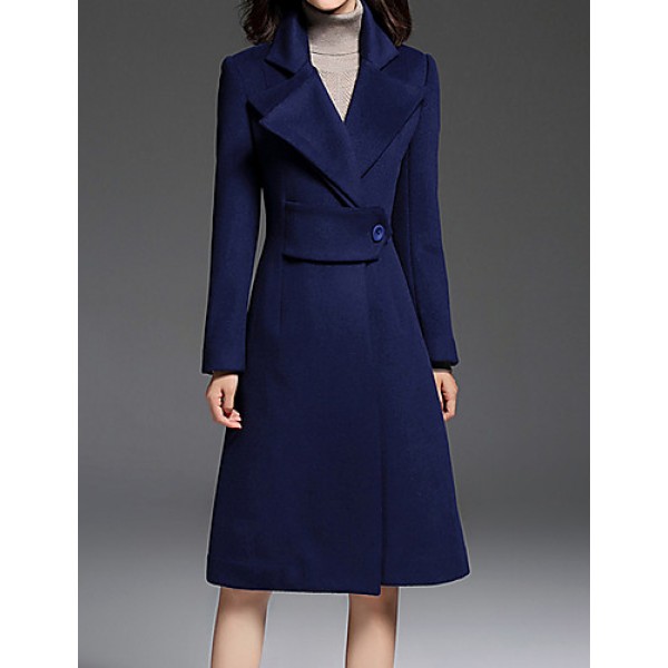 Women's Going out CoatSolid Notch Lapel Long Sleeve Fall / Winter Blue Wool / Polyester Thick