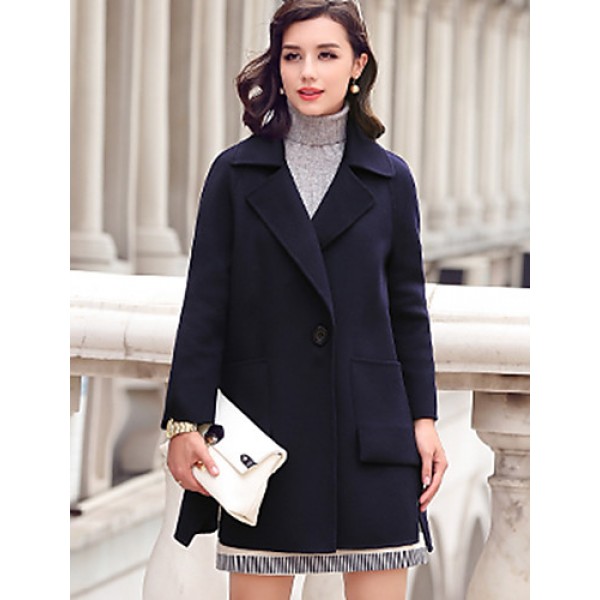 Women's Going out Street chic CoatSolid Notch Lapel Long Sleeve Fall / Winter Blue / Yellow Wool / Polyester Thick