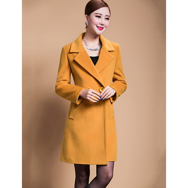 Women's Solid Blue / Black / Yellow Casual Loose Long Woolen Overcoat , Work / Plus Sizes Long Sleeve Wool