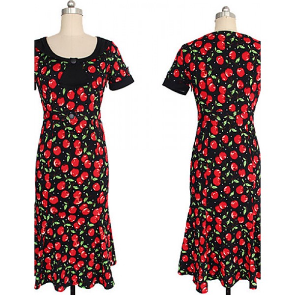 Women's Work Plus Size Dress,Print Round Neck Knee-length Short Sleeve Red / Black Summer