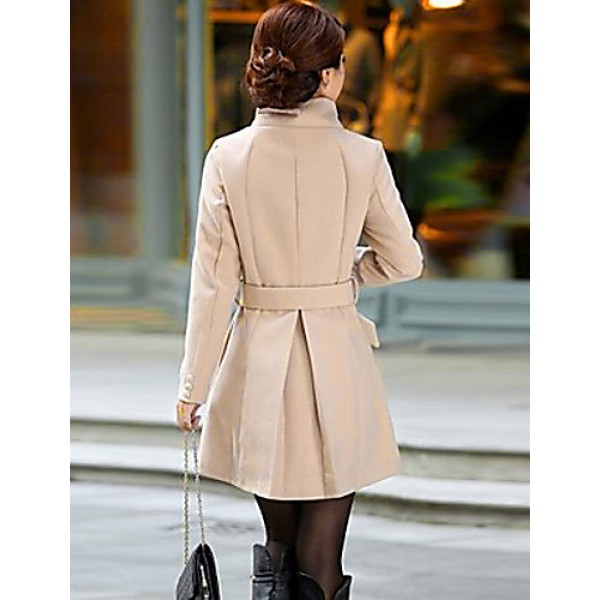 Women's Vintage / Cute Trench Coat,Solid Long Sleeve All Seasons Beige / Black / Gray Wool Medium