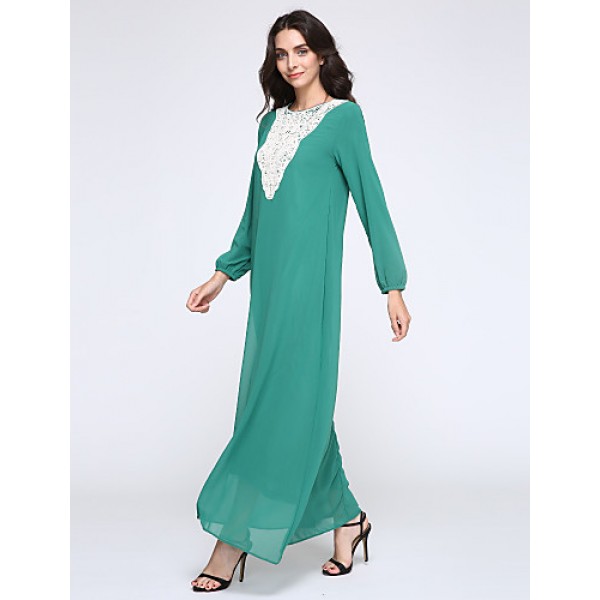 Women's Simple Loose / Chiffon Dress,Solid Round Neck Maxi Long Sleeve Blue / Red / Black / Green Polyester Fall