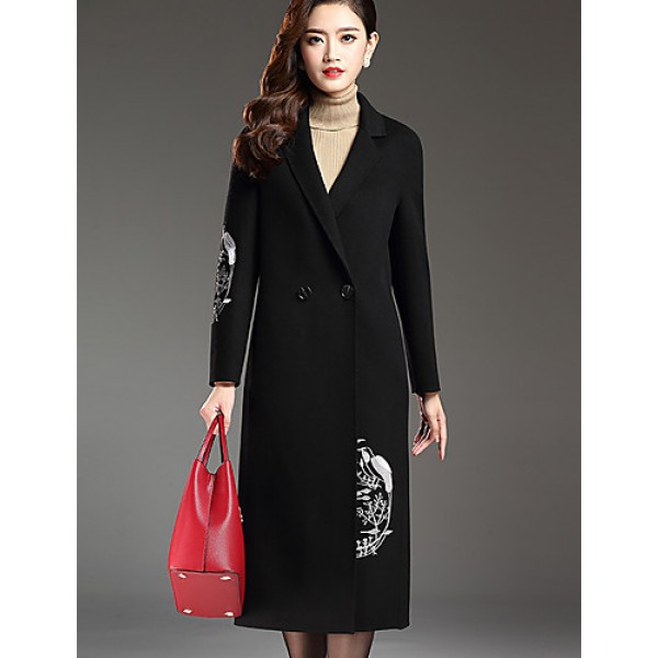 Women's Plus Size Street chic CoatPrint Notch Lapel Long Sleeve Fall / Winter Red / Black / Gray Wool / Polyester Thick